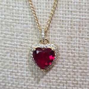 Gold Heart Pendant Necklace with Red Ruby Gemstone